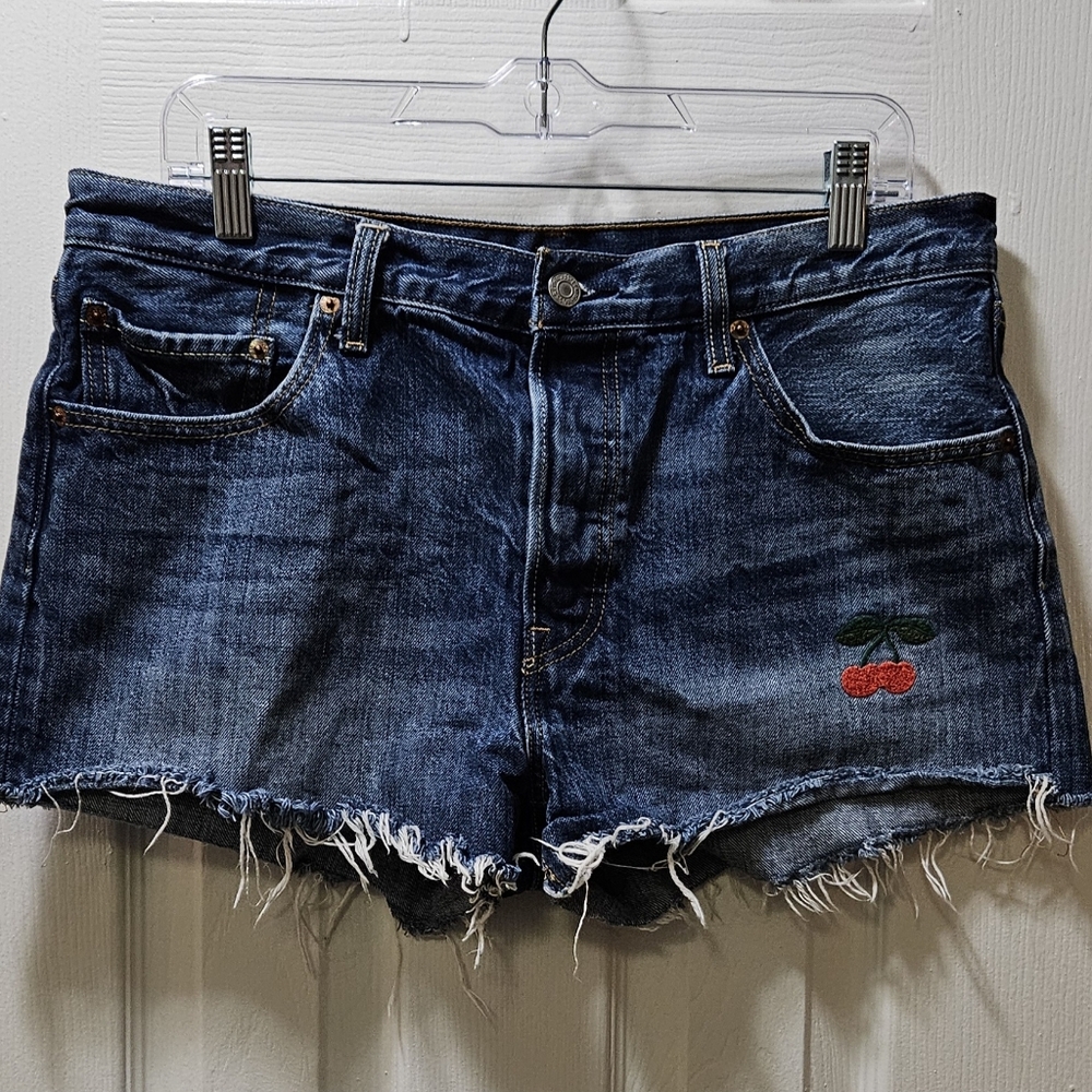 Levi's Blue Denim Jean 501 Shorts with Cherry Embroidery